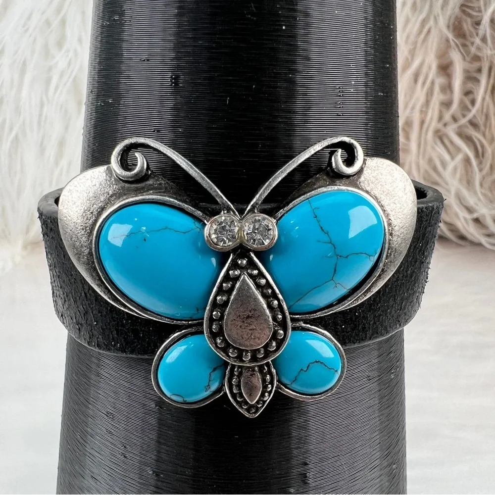 Beautiful BoHo hippie chic butterfly, black leather adjustable bracelet
